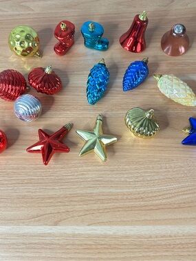 Vintage Christmas Ornaments Lot of 16 Plastic Multi Color Boots Bell Pine Cones